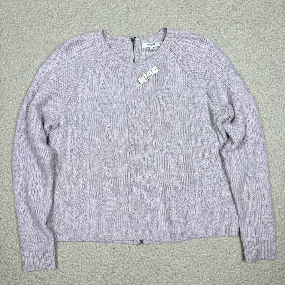 Madewell Full Zip Back Merino Wool Cable Knit Crewneck Sweater